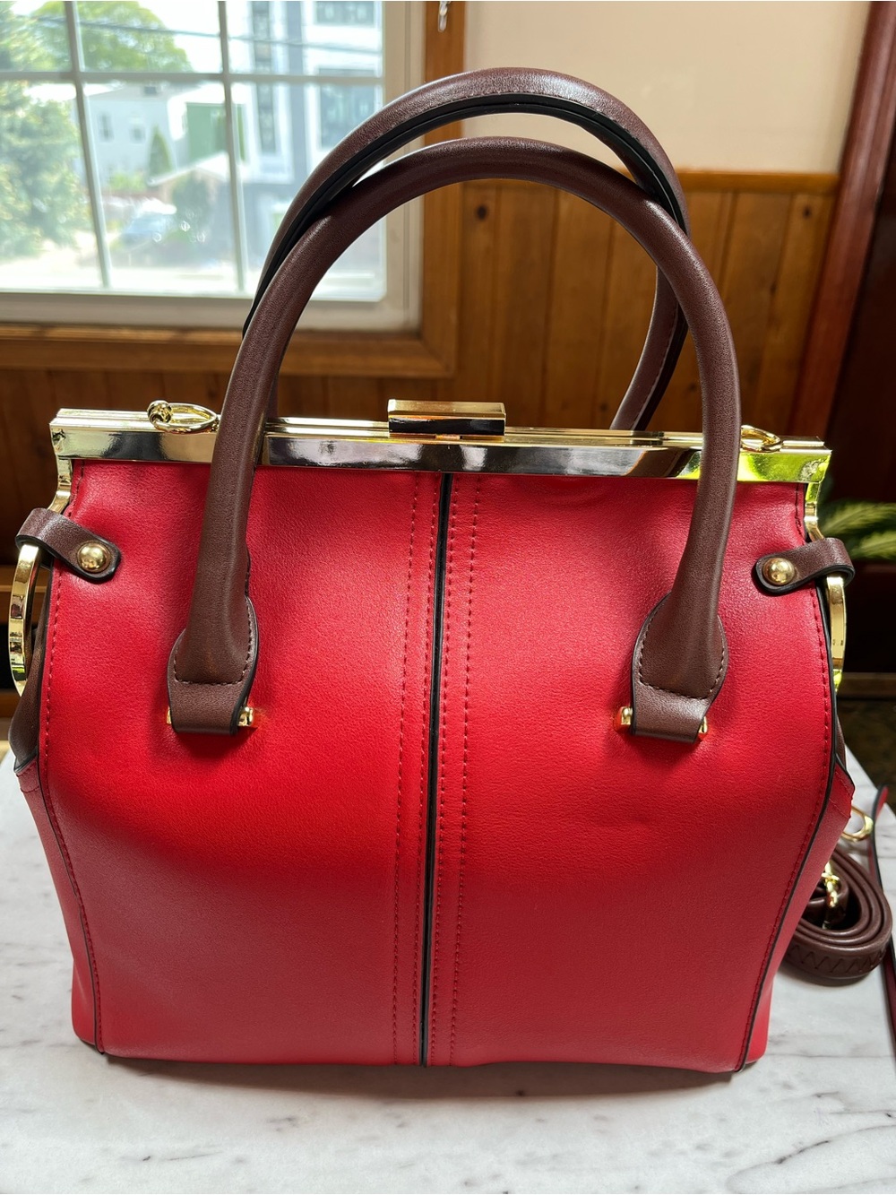 Red Structured Satchel Handbag with Brown Handles